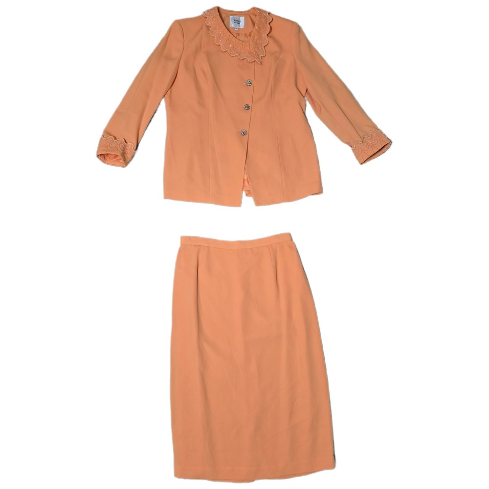 Promise New York Peach Skirt Suit Set Womens 18 Embroidered Scallop Collar Peach
